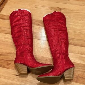 Sparkling Red Over the Knee Boots NWOT